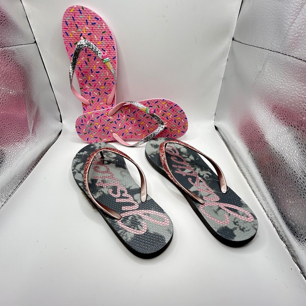 Justice Girls Flip Flop Bundle Pink Sprinkles Grey Tie Dye Glitter Size 6-7